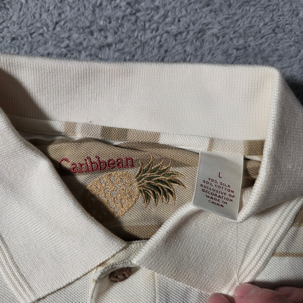 Caribbean Mens L Polo Shirt Sunlight Tan Striped Silk Cotton S65KR460 Short Slv - Picture 4 of 6